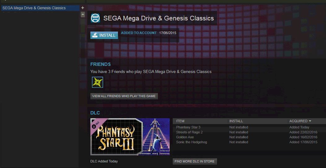 Accessing SEGA Genesis Classics titles through Steam Fanatical